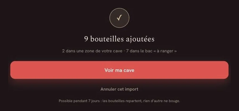 Neuf bouteilles ajoutées : deux dans une zone, sept dans le bac « à ranger »