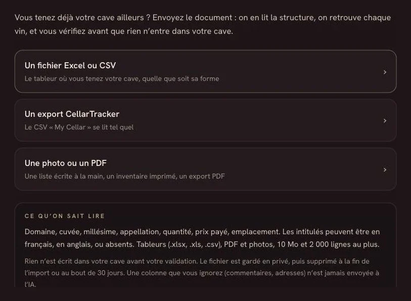 Le choix de la source : Excel ou CSV, CellarTracker, photo ou PDF