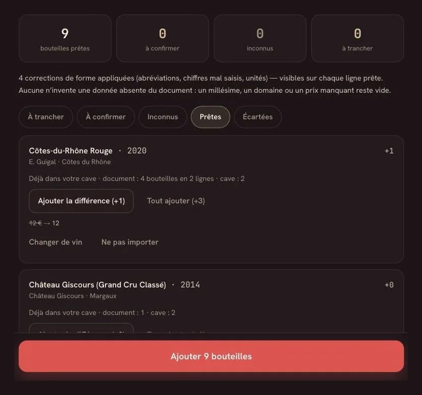 Les lignes prêtes : un Côtes-du-Rhône déjà en cave, avec « Ajouter la différence » ou « Tout ajouter »